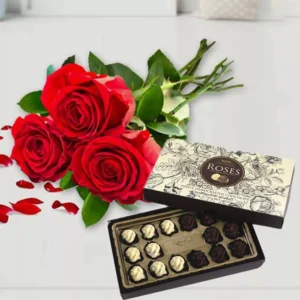 3 roses bunch and revello roses chocolate box