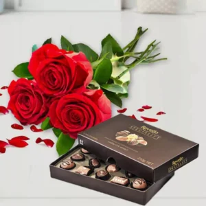 3 roses bunch and revello gift pack chocolate box