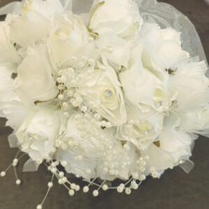 Silk white roses bridal bouquet with ribbons