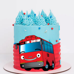 This fun and festive cake is perfect for any little one who loves buses! It features a bright and colorful image of a bus.