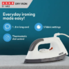 The Usha EI 1602 is a compact and user-friendly dry iron designed to make ironing a breeze. Here's a closer look at its key features: Powerful Performance: 1000 Watts: Heats up quickly and delivers consistent heat for efficient ironing. Non-Stick Soleplate: Glides smoothly over fabrics, preventing sticking and scorching. Variable Temperature Control: Choose the right heat setting for different fabrics, from delicate silks to heavy linens. Convenience and Maneuverability: Lightweight Design: Weighs only 1.15 kg, making it easy to handle and maneuver over clothes. 180° Swivel Cord: Offers greater flexibility and prevents cord tangles while ironing. Easycord System: 360° swivel cord base for smooth movement in any direction. Open Stable Heel: Ensures the iron rests securely on the ironing board without tipping over. Safety and Reliability: Overheat Protection: Automatically shuts off when the iron gets too hot, preventing damage and accidents. ISI Certified: Meets Indian safety standards for peace of mind.