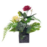 Artificial Roses and Greens in a wooden Vase