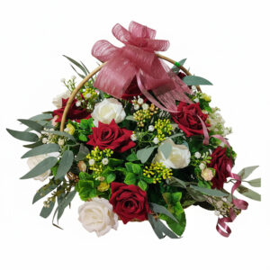 This captivating artificial flower basket, featuring a stunning combination of red and white roses