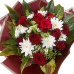 A Masterpiece of Love & Joy: 12 Red Roses, White Hydrangeas, Chrysanthemums & Greens Bouquet