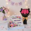 Delightful Birthday Cake with a Bouquet of Pink Roses.