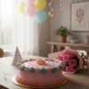 Buttercream Cake & Pink Roses Bouquet