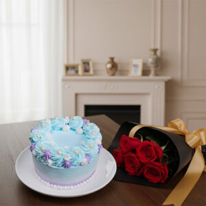 Buttercream Cake with Pearls & Roses Bouquet