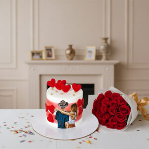 Romantic Snapshot Combo: Couple Topper Cake & Red Roses