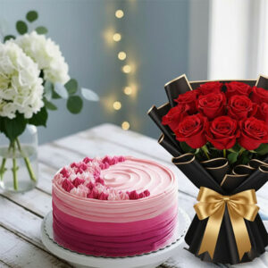The Dozen Red Roses with Pink Cake