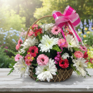This lovely artificial floral basket is bursting with soft white and pink flowers