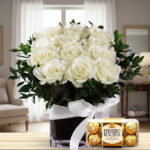 Elegance & Indulgence: 12 White Roses with Ferrero Rocher Box