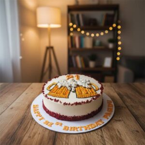 21st Birthday Cheers Custom Beer Mug Cake – Personalized Red Velvet Accents