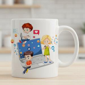 This custom mug features a vibrant, social-media-inspired design