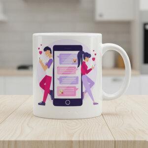 This custom mug features a vibrant, social-media-inspired design