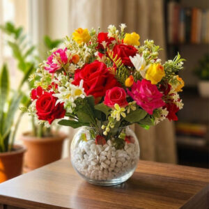 The bouquet is seated in a Clear Globe Glass Vase filled with polished white river stones