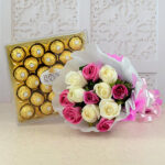 Charming Grace Gift Set: 12 Mixed Pink & White Roses with Ferrero Rocher Box