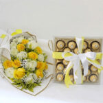 Sunshine Harmony Gift Set: 20 Yellow & White Roses with Ferrero Rocher Box