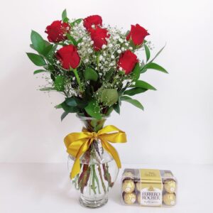 Red Roses Vase Arrangement with Ferrero Rocher Chocolates
