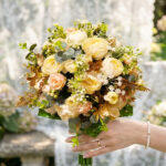 Artificial Bridal Bouquet – Vintage Champagne & Blush Pink Silk Roses with Eucalyptus Greenery