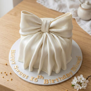Elegant White Satin Dress Draped Bow Birthday Cake with Gold Lettering