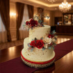 Elegant 2-Tier Anniversary Cake with Red Roses & Gold Flakes