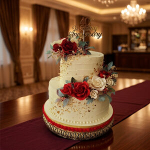 Elegant 2-Tier Ruby 40th Wedding Anniversary Cake with Red Roses and Gold Flakes