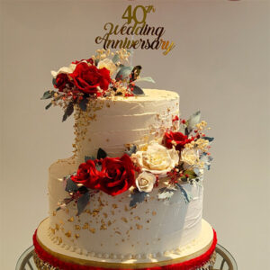 Wedding Anniversary Cake with Red Roses & Gold Flakes