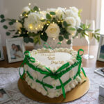 Vintage Heart-Shaped "Miss to Mrs" Bridal Cake with Emerald Green Ribbons