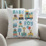 "Baby Boy" Animal Train Theme 16" x 16" Square Nursery Cushion
