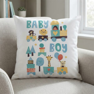 "Baby Boy" Animal Train Theme 16" x 16" Square Nursery Cushion