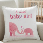 "A Sweet Baby Girl" Elephant Theme 16" x 16" Square Nursery Cushion