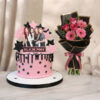 BLACKPINK K-Pop Theme Birthday Cake and Pink Flower Bouquet Combo