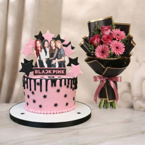 BLACKPINK K-Pop Theme Birthday Cake and Pink Flower Bouquet Combo