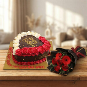 Heart-Shaped Chocolate Birthday Cake with Red Roses Bouquet