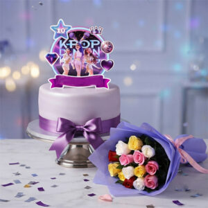 K-Pop Themed Birthday Cake and Colorful Rose Bouquet Combo