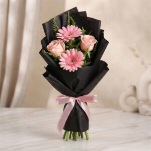 Elegant Pink Rose and Gerbera Bouquet in Black Wrap