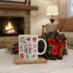 Romantic Love Doodles Ceramic Mug & Red Floral Bouquet Combo Gift
