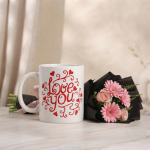 Love You Ceramic Mug and Flower Bouquet Gift Set
