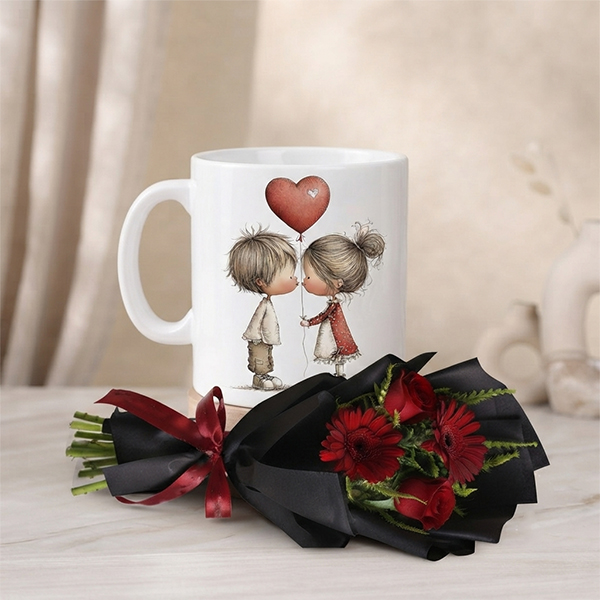 Romantic Couple Mug and Red Flower Bouquet Gift Set