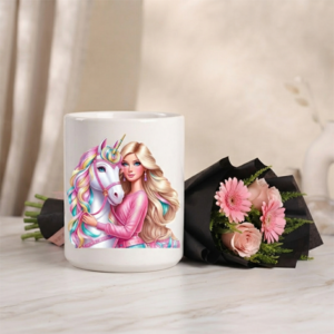 Princess and Unicorn Ceramic Mug with Pink Flower Bouquet Gift Set